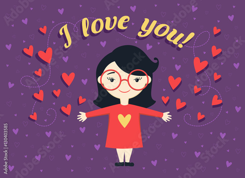 Flat design vector illustration of happy girl or young woman in red dress on violet background with hearts and text "I love you". Happy valentines day card. Valentine’s idea concept