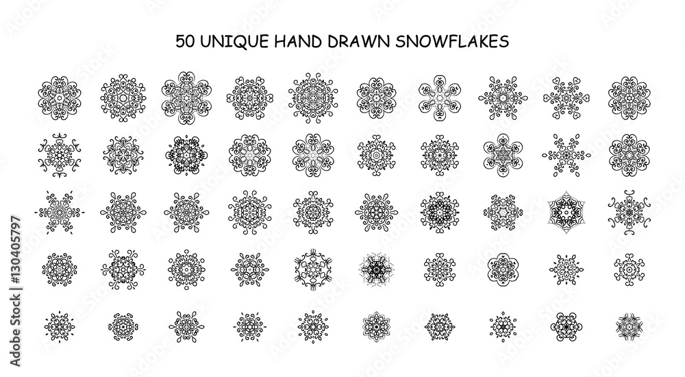 Set of 50 different hand-drawn snowflakes. Vector illustrator Set of 50 different hand-drawn snowflakes. Vector illustrator