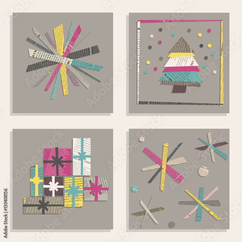 Vector set of templates for square New Year Cards. Snowflakes, Christmas tree, gifts cut out from colored newsprint paper on a gray background.