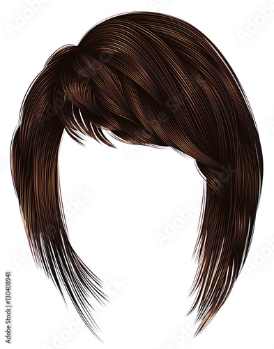 trendy woman hairs kare with fringe . dark brown color . medium length . beauty style . realistic 3d . 