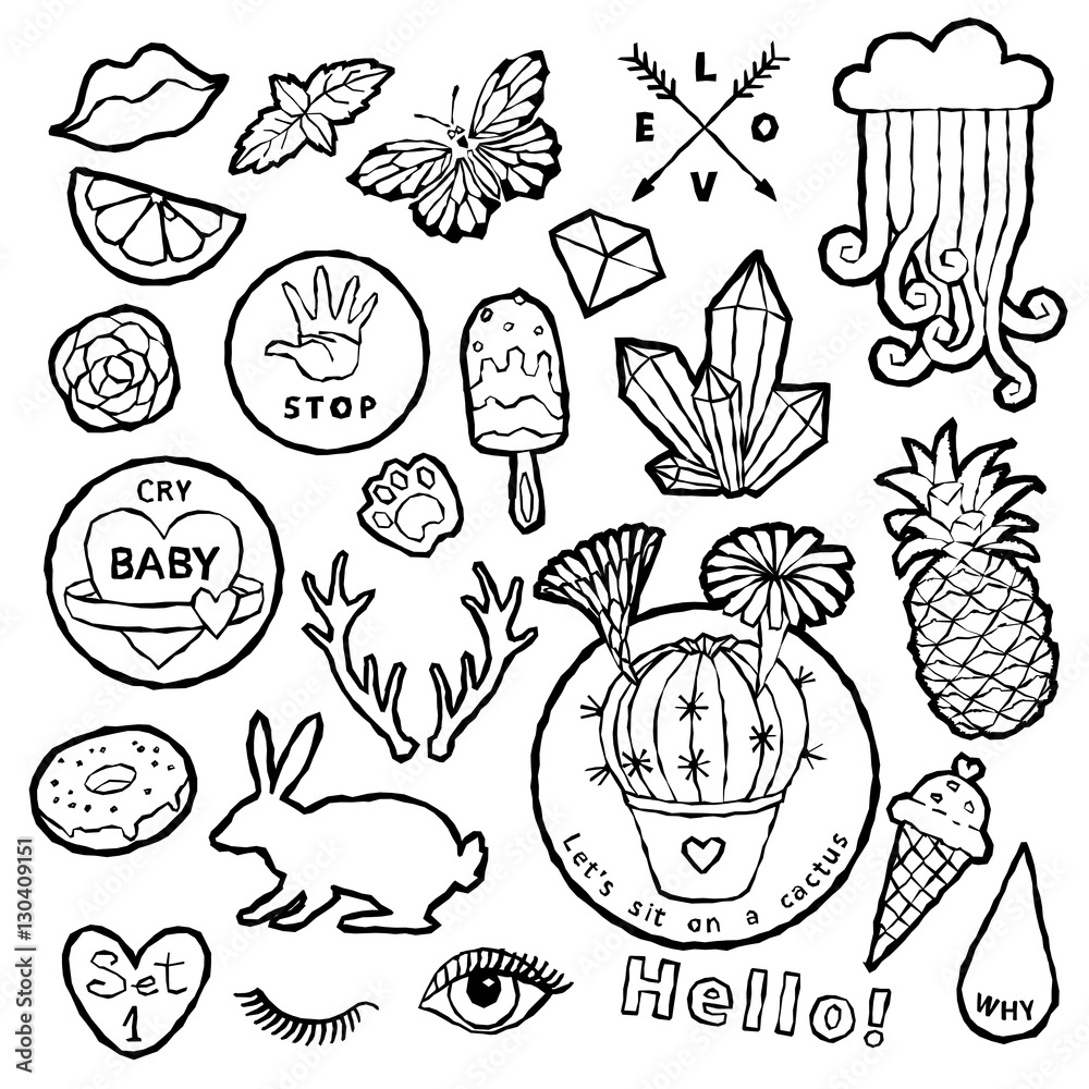 Black and white fashion patch badge elements in cartoon 80s-90s comic style. Set modern trend doodle sketch. Black and white fashion patch badge elements in cartoon 80s-90s comic style. Set modern trend doodle sketch.