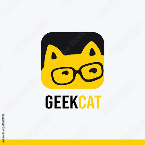 Logo, icon vector Geek cat logo templates, stylized cartoon cat in a smart black glasses, black yellow
