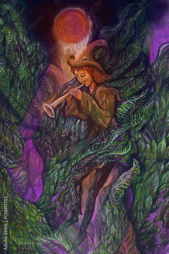magical piper playing his tune in wing of giant bird, illustration detail magical piper playing his tune in wing of giant bird, illustration detail