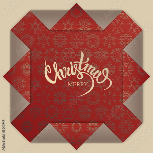Concept for luxury holiday card. Lettering "Merry Christmas" on red patterned paper with snowflakes. Origami square, folded corners.
