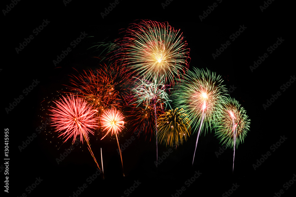 Colorful Fireworks isolated on black background, New Year celebration fireworks.