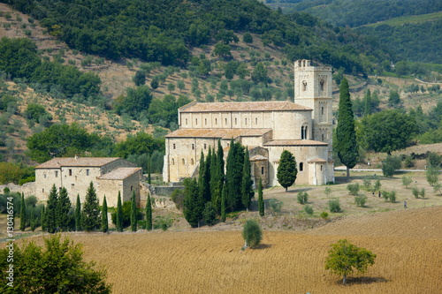 The ancient Abbey of Saint Antimo, Abbazia Sant'Antimo, near Montalcino, Val D'Orcia, Tuscany photo