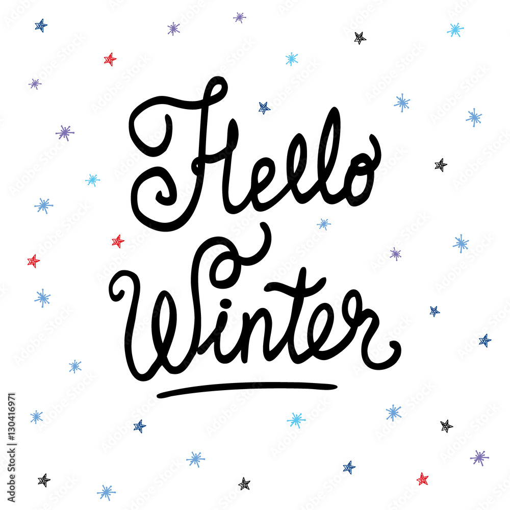 Hello winter text. Brush lettering  , winter background