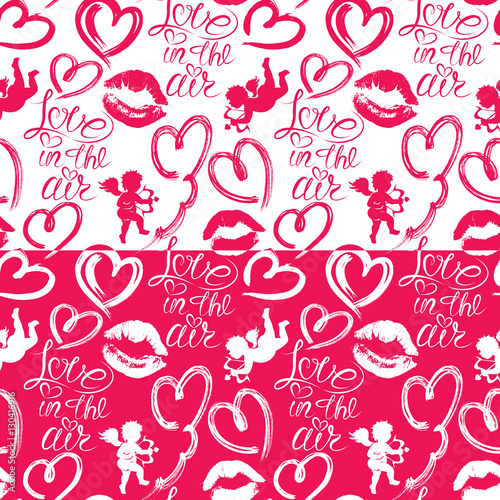 Seamless pattern with brush strokes and scribbles in heart shape
