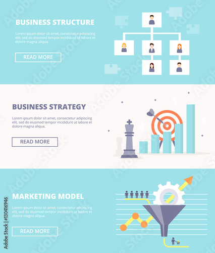 Elements of systematic business - structure, strategy and marketing. Horizontal banners set in flat style.