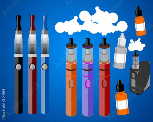 Happy young vaper man holding electronic cigarette and vaping e-liquid fluid in his hands and exhaling cloud of vapor or smoke. E-cigarette electronic personal vaporizer box mod vector illustration