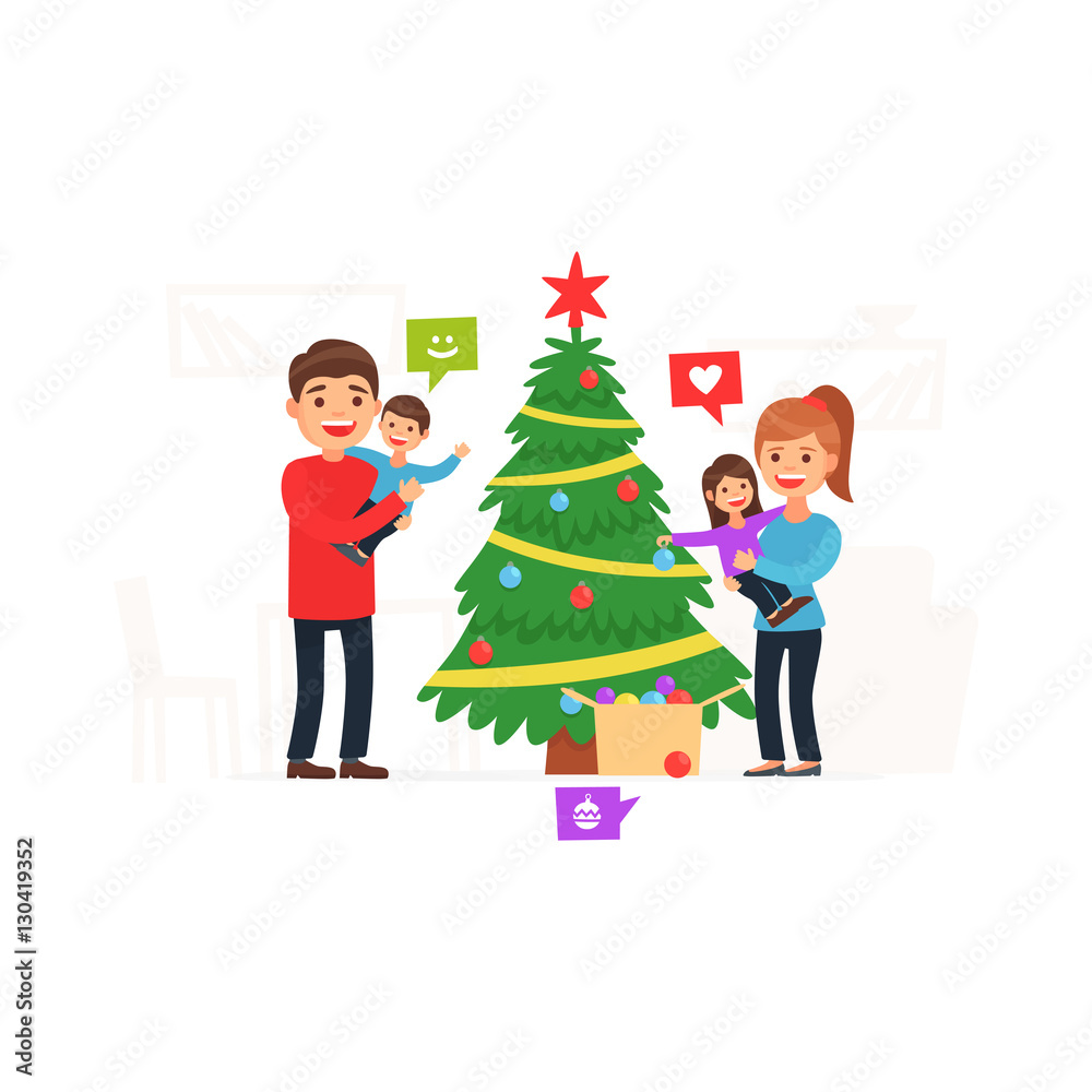 Merry Christmas and New Year. Family decorates the Christmas tree. Merry Christmas and New Year. Family decorates the Christmas tree.