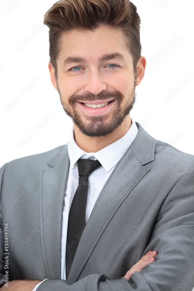 Close up portrait of a smiling handsome business man over white Close up portrait of a smiling handsome business man over white