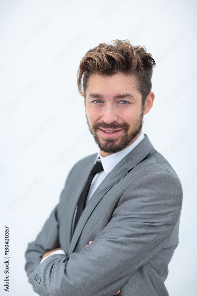 Close up portrait of a smiling handsome business man over white Close up portrait of a smiling handsome business man over white