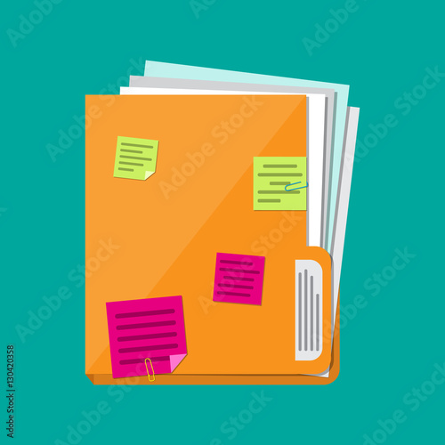 documents folder with paper sheets, sticky notes