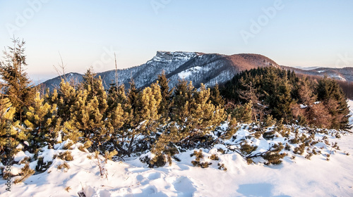 rocky limestone Klak hill from Revan hill in southernmost part of Lucanska Mala Fatra mountains in Slovakia during winter morning with clear sky
