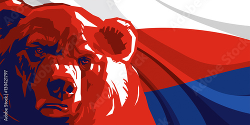 Angry bear against and Russian flag