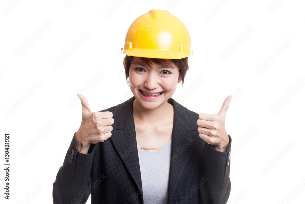 Asian engineer woman thumbs up with both hands. Asian engineer woman thumbs up with both hands.