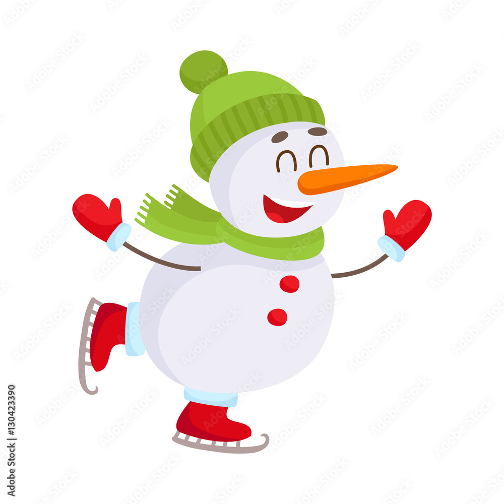 Cute and funny little snowman ice skating happily, cartoon vector  illustration isolated on white background. Happy ice skating snowman in hat  and mittens, Christmas season decoration element Stock Vector | Adobe Stock