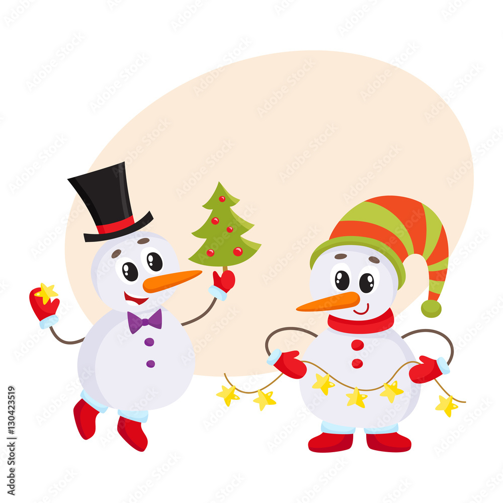 two snowmen holding a Christmas tree and an electric garland with lights, cartoon vector illustration with background for text. Funny snowman in hat, holiday season decoration element two snowmen holding a Christmas tree and an electric garland with lights, cartoon vector illustration with background for text. Funny snowman in hat, holiday season decoration element