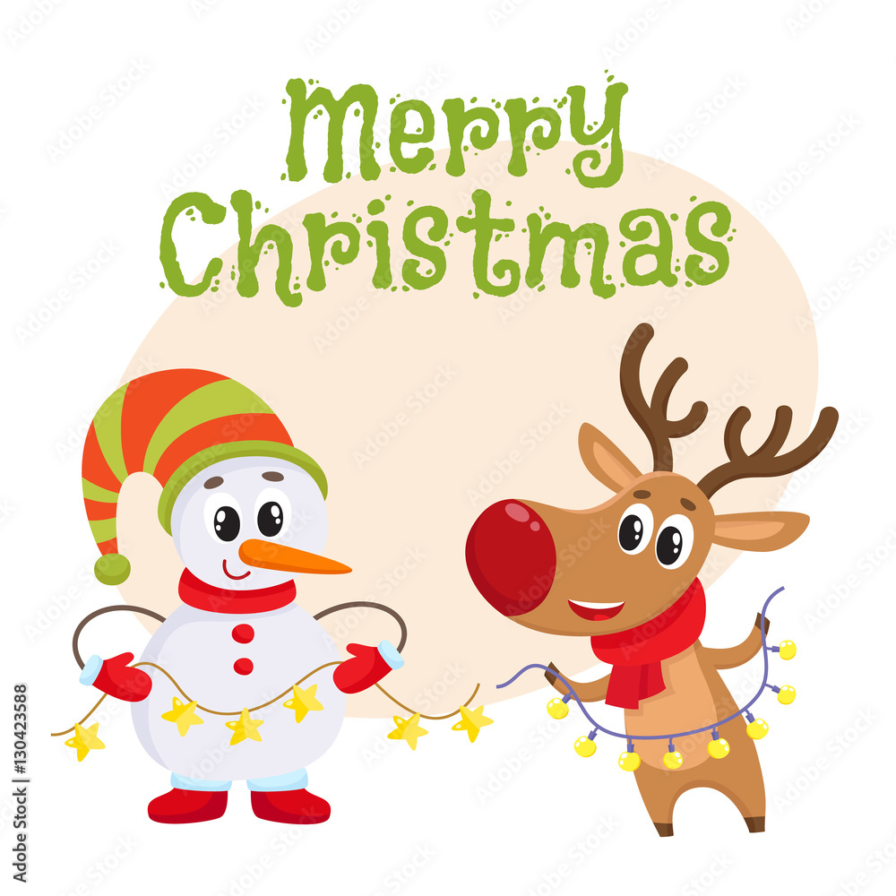 Merry Christmas greeting card template with funny reindeer and snowman  holding public electronic garlands with light bulbs, cartoon vector.  Christmas poster, banner, postcard, greeting card design Stock Vector |  Adobe Stock