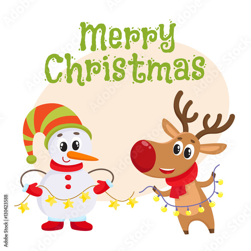 Merry Christmas greeting card template with funny reindeer and snowman holding public electronic garlands with light bulbs, cartoon vector. Christmas poster, banner, postcard, greeting card design