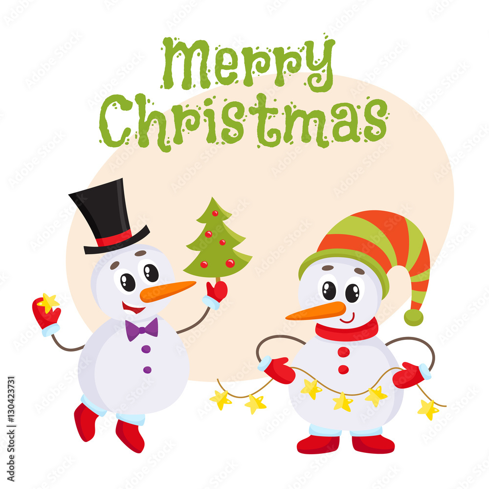 Merry Christmas greeting card template with two snowmen holding a Christmas tree and an electric garland with lights, cartoon vector. Christmas poster, banner, postcard, greeting card design Merry Christmas greeting card template with two snowmen holding a Christmas tree and an electric garland with lights, cartoon vector. Christmas poster, banner, postcard, greeting card design