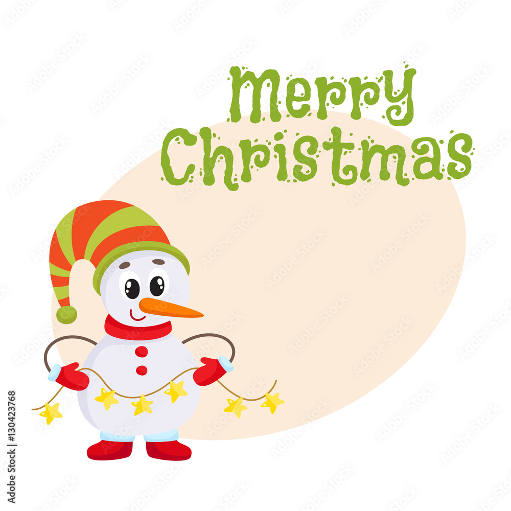 Merry Christmas greeting card template with Cute and funny little snowman holding a garland, cartoon vector illustration isolated. Christmas poster, banner, postcard, greeting card design Merry Christmas greeting card template with Cute and funny little snowman holding a garland, cartoon vector illustration isolated. Christmas poster, banner, postcard, greeting card design