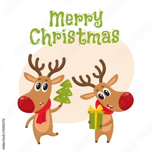 Merry Christmas greeting card template with two deer holding a Christmas tree and a gift box  cartoon vector . Christmas poster  banner  postcard  greeting card design