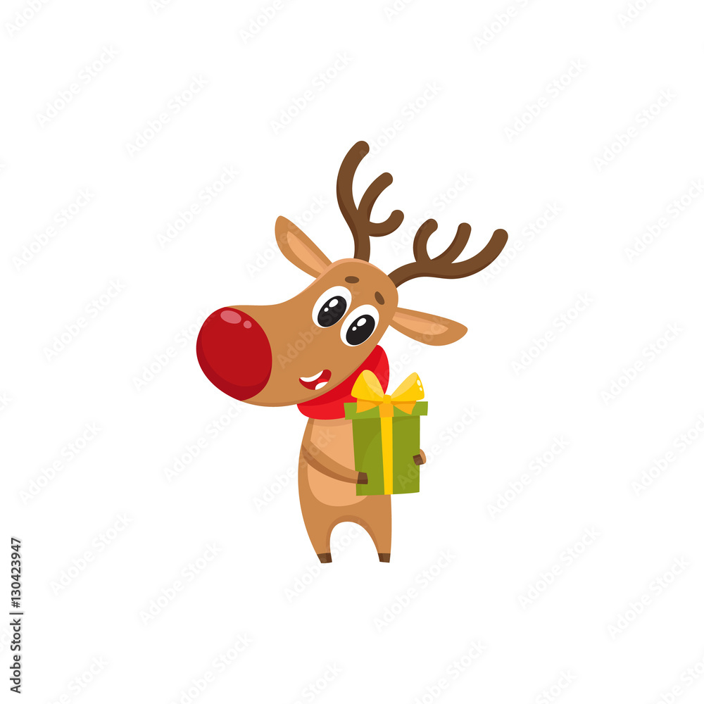 Funny Christmas reindeer in red scarf holding a gift, present, cartoon  vector illustration isolated on white background. Red nosed deer in red  scarf with Christmas present, holiday decoration element Stock Vector |