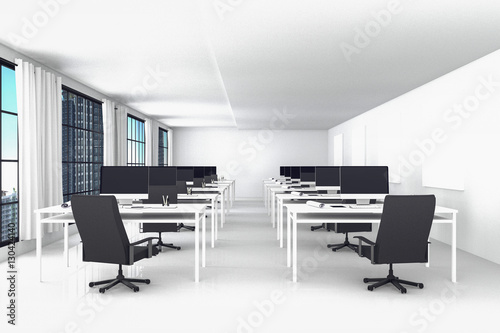 3D Rendering : illustration of modern interior white office of Creative designer desktop with PC computer.computer labs.working place of graphic design,city view. Mock up