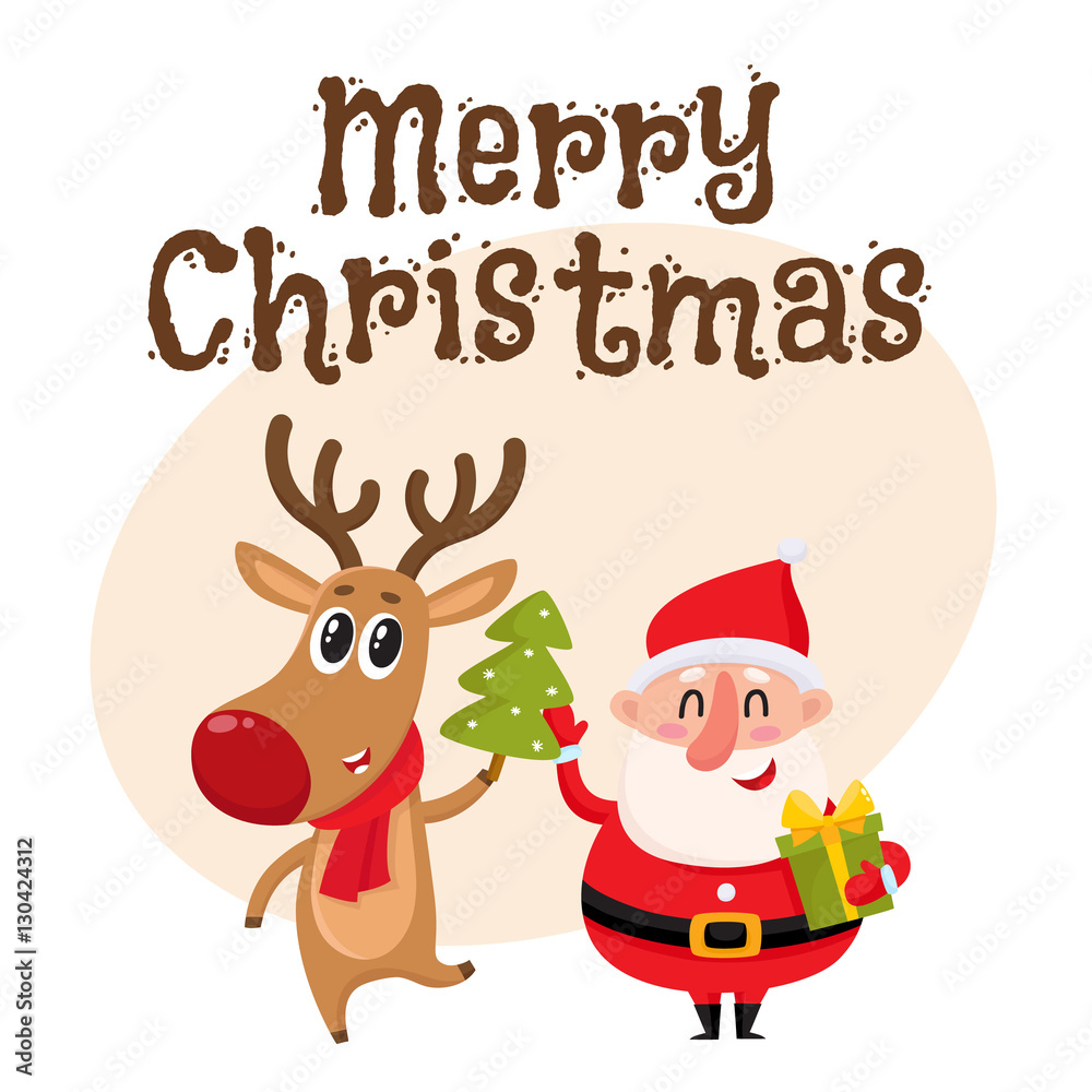 Merry Christmas greeting card template with Jolly Santa and smiling reindeer stands with Christmas tree gift box, cartoon vector illustration. Christmas poster, banner, postcard, greeting card design
