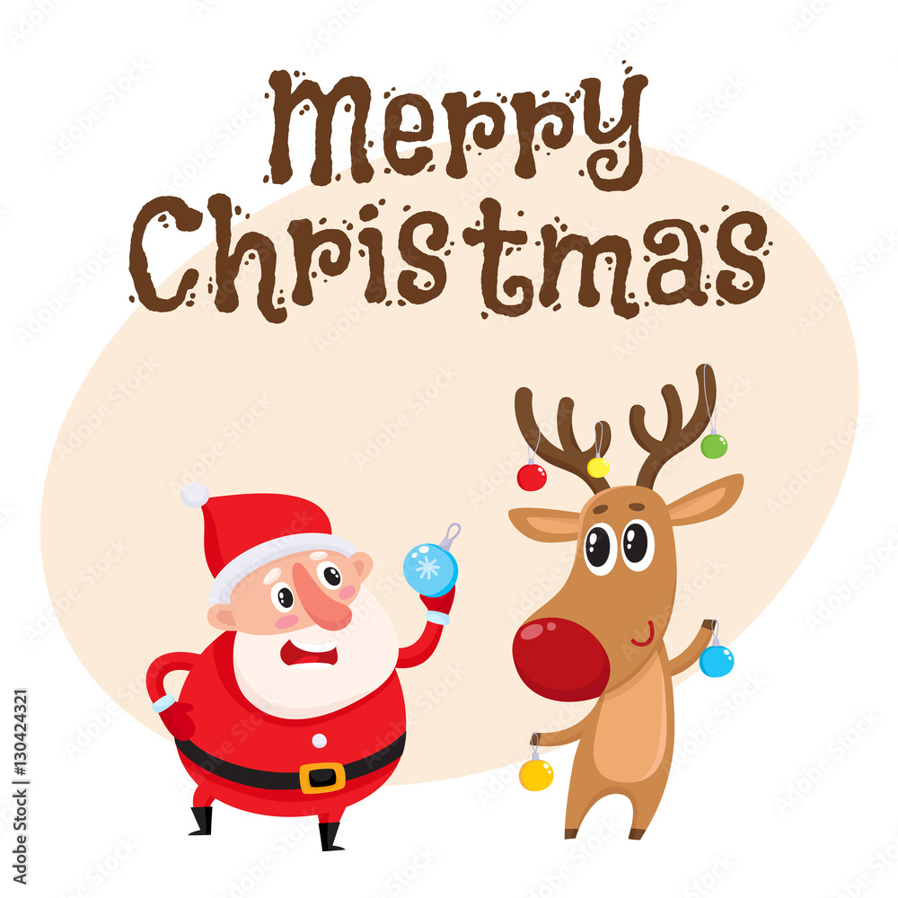 Merry Christmas greeting card template with funny Santa and funny reindeer  holding Christmas balls, cartoon vector illustration isolated. Christmas  poster, banner, postcard, greeting card design Stock Vector | Adobe Stock