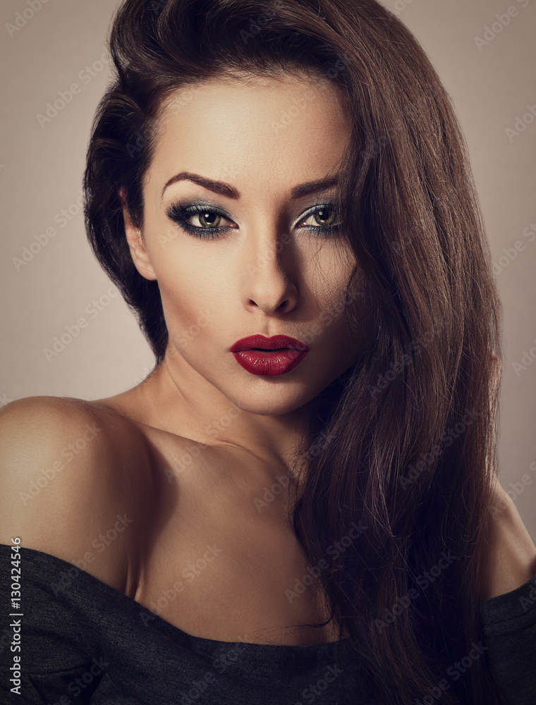 seductive make up sexy woman with red lipstick and long eyelashe seductive make up sexy woman with red lipstick and long eyelashe