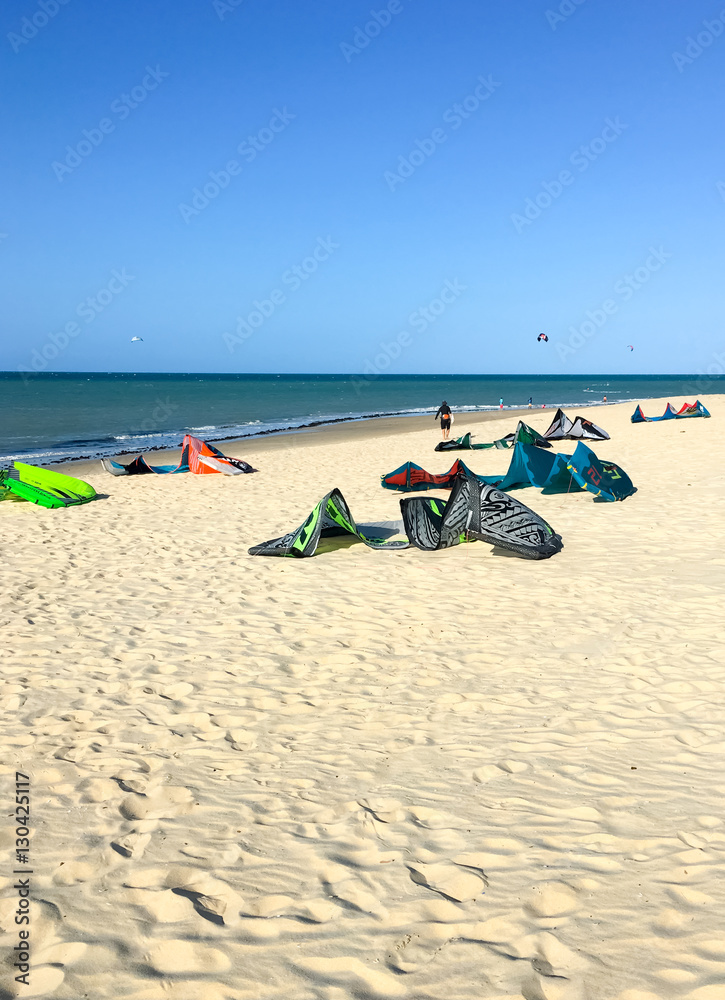 Colourful kites and kitesurfers in north of Brazil Colourful kites and kitesurfers in north of Brazil