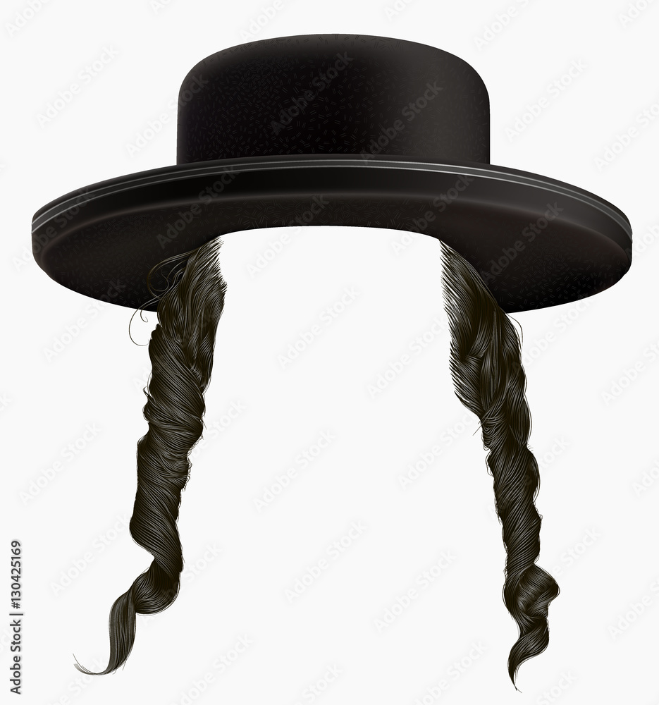 black hair sidelocks . mask wig jew hassid in hat . Stock Vector