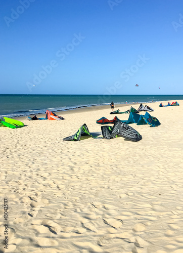 Colourful kites and kitesurfers in north of Brazil