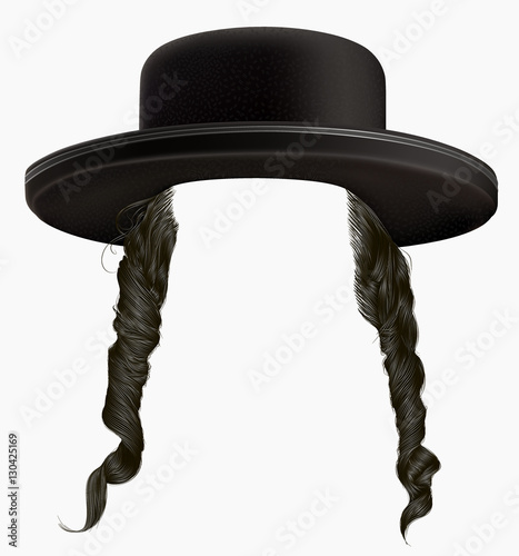 Fototapeta black  hair sidelocks . mask wig jew hassid in hat .