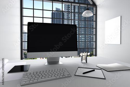 3D Rendering : illustration of modern interior white office of Creative designer desktop with PC computer,keyboard,camera,lamp hanging and other items with window and city view.Mock up.Close-up