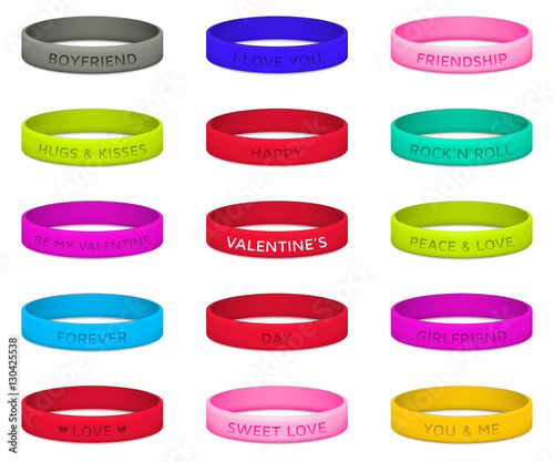 Set of multicolored rubber wristbands for Valentines Day. Vector illustration.