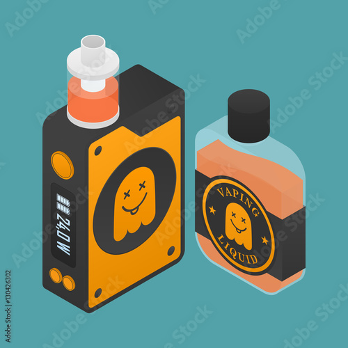Isometric Icon of Vape device with ghost silhouette. Electronic cigarette with e-liquid bottle. Vector Vaping symbol. Box mod with Rebuildable tank atomizer, clearomizer, cartomizer.