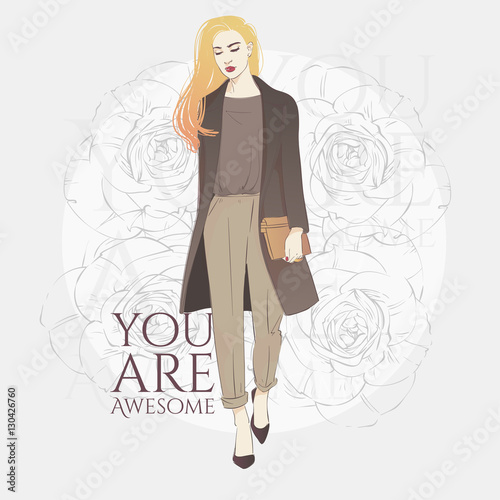 Beautiful hipster young long blonde hair women in a fashion black jacket and pants. Vector hand drawn sketch illustration.