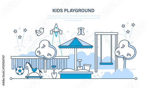 Children's entertainment playground with a swings, toys, recreation park.