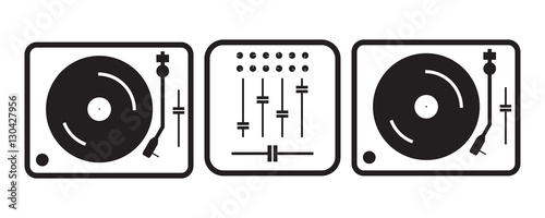 Simple flat outlined dj turntables illustration, grayscale on white background