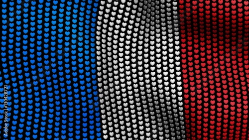 France flag is waving in the wind, consisting of hearts, on a black background.