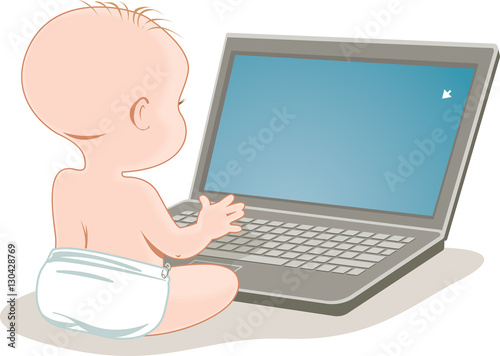 Small baby sits in front of blank laptop computer screen. 