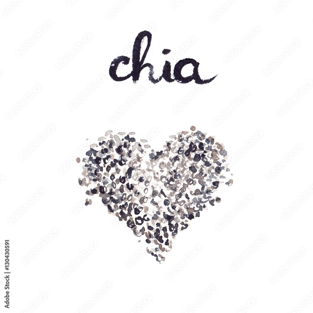 Watercolor painting and hand lettering of chia seeds arranged in the shape of a heart on white isolated background