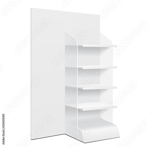 White Cardboard Floor Display Rack For Supermarket Blank Empty Displays With Shelves And Banner Products Mock Up On White Background Isolated. Ready For Your Design. Product Packing. Vector EPS10