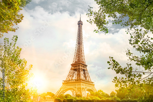 View on Eiffel tower through green trees with cloud bckground. Eiffel Tower from Champ de Mars, Paris, France.