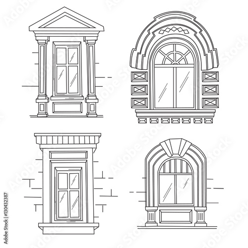 Set of retro windows. Art Nouveau. Art Modern. Jugendstil.  A picture on white background. Hand drawing illustration.