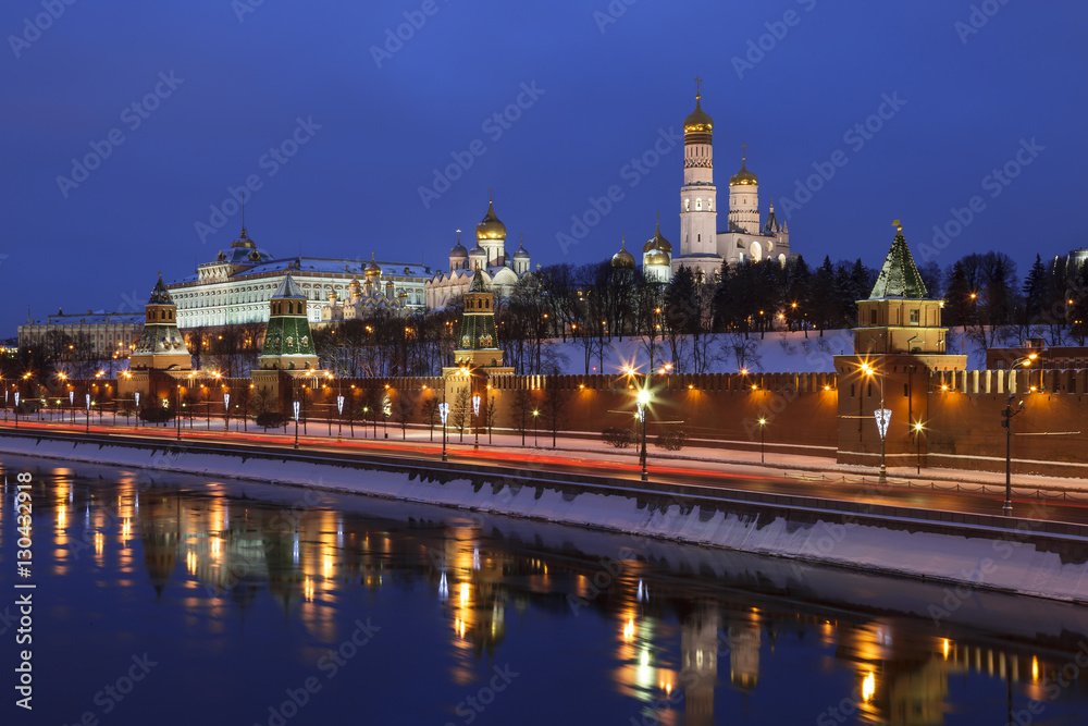 The winter evening Moscow, the Kremlin and its reflection in the river. Russia